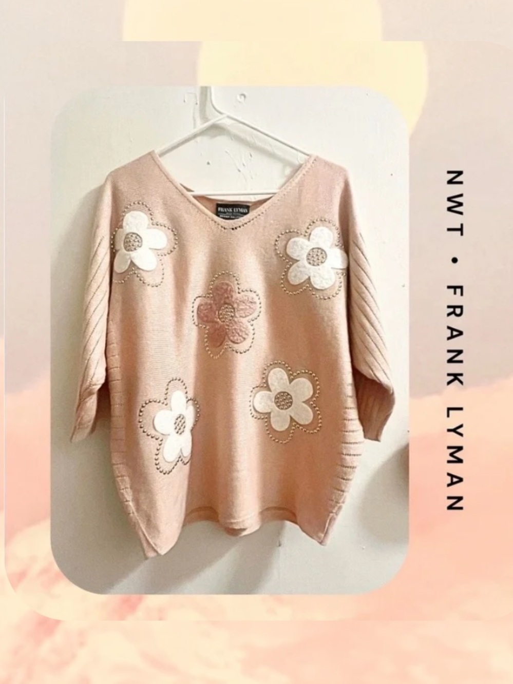 π Frank Lyman Fluffy Flower pink pullover sweater with & jewel embellishments